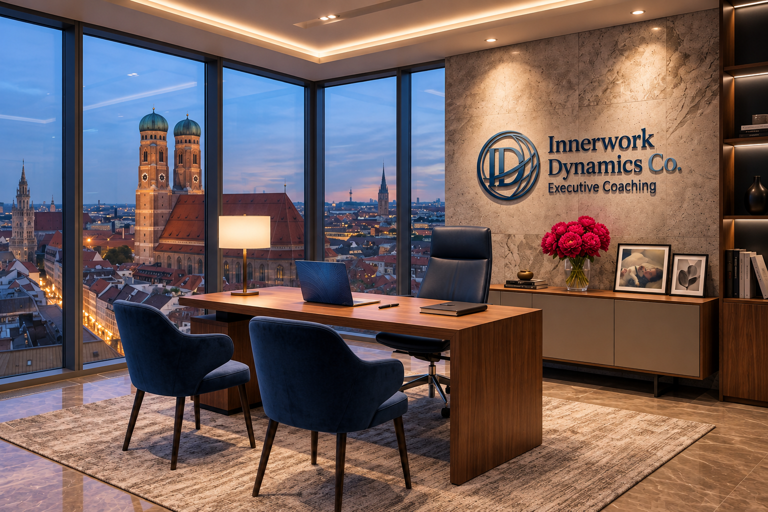 Innerwork Dynamics Co. office in Munich at dusk, red peonies on the credenza, the Frauenkirche towers beyond the glass